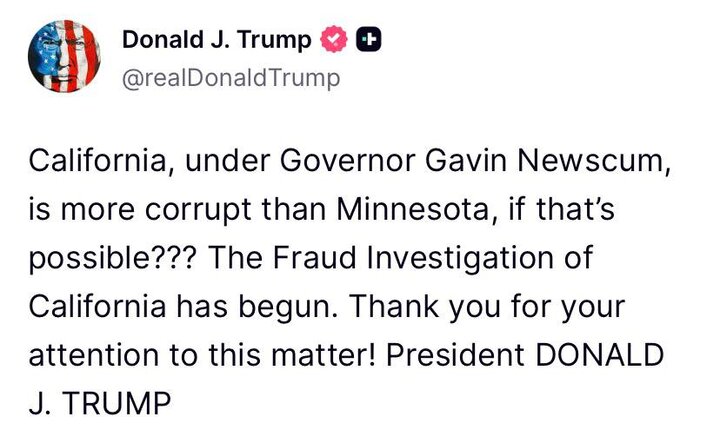 ترامپ: کالیفرنیا حتی شاید فاسدتر از مینه سوتا نیز باشد