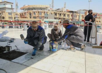 عملیات تعمیر دوره‌ای سنگفرش بین الحرمین کربلا آغاز شد