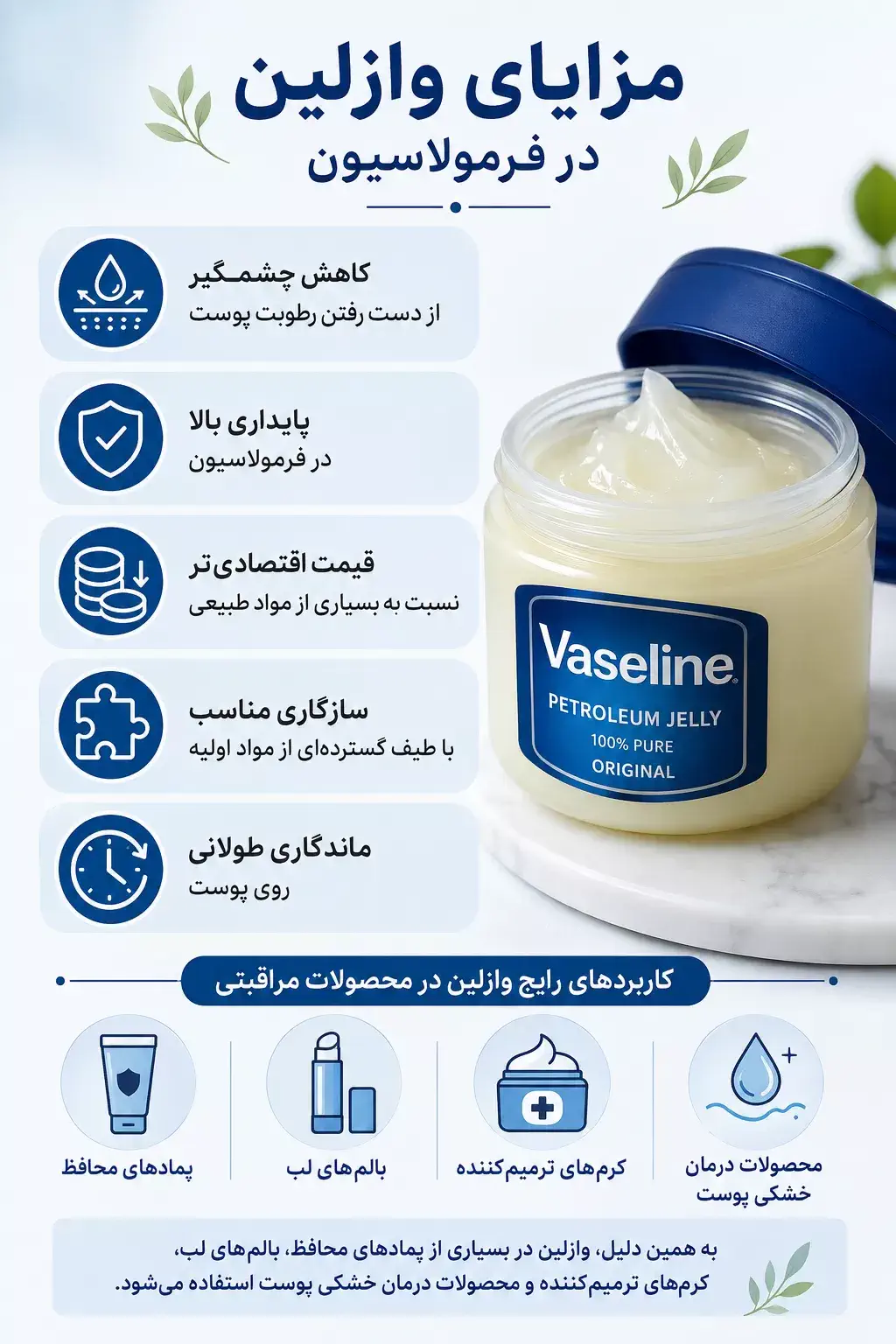 اینفوگرافی مزایای وازلین در فرمولاسیون